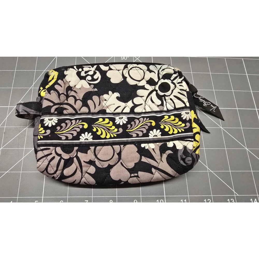 Vera Bradley Quilted Cotton Coin Purse Black White Yellow Floral Zip Pouch